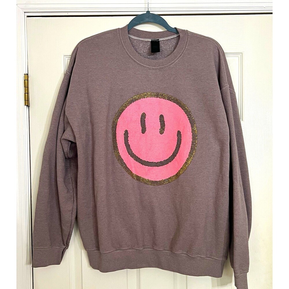 Sweet Claire mauve/ Pink Glitter Happy Smiley Face Pullover Sweatshirt S/M